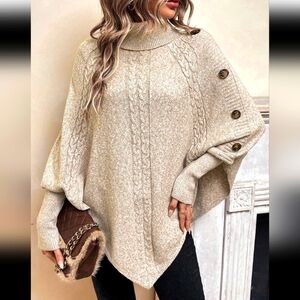 Essnce Turtleneck Batwing Sleeve Button Detail Cable Knit Poncho